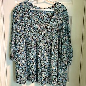 Terra & Sky Blue Floral Blouse. Size 2X.